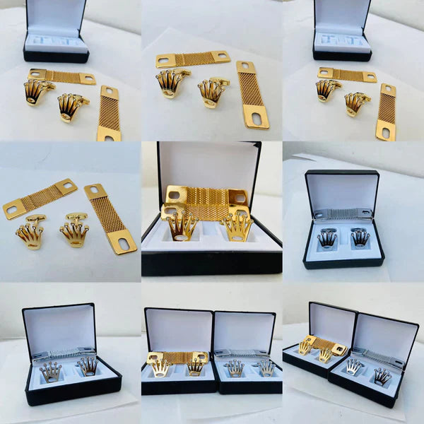 Rolex Cufflinks with Box and Chain Gold & SIlver Color